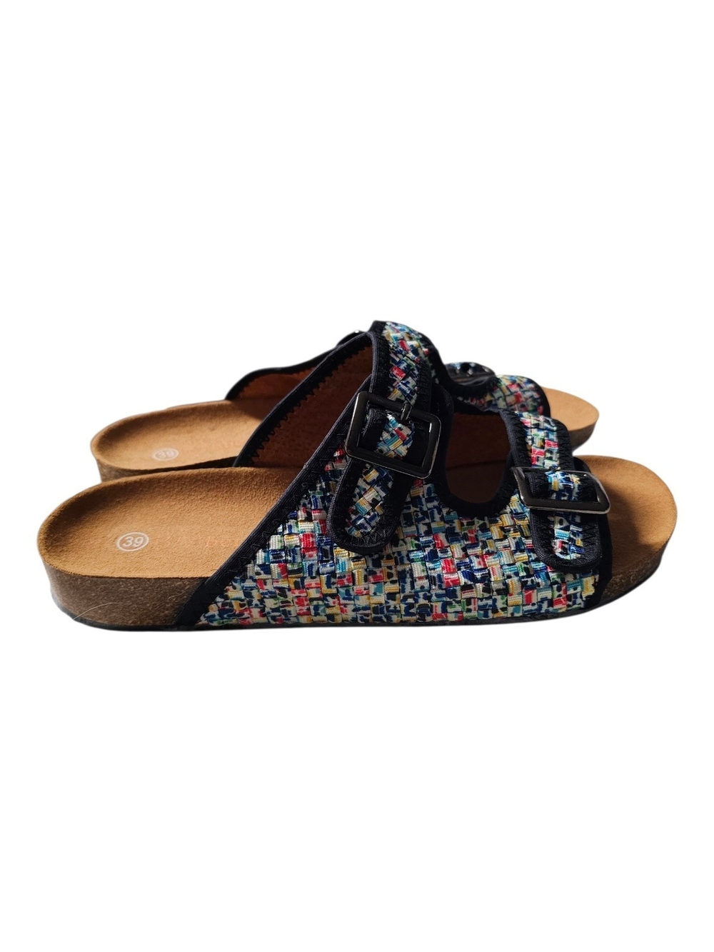 bernie mev. Multicolor Woven Double-Buckle Slide Sandals